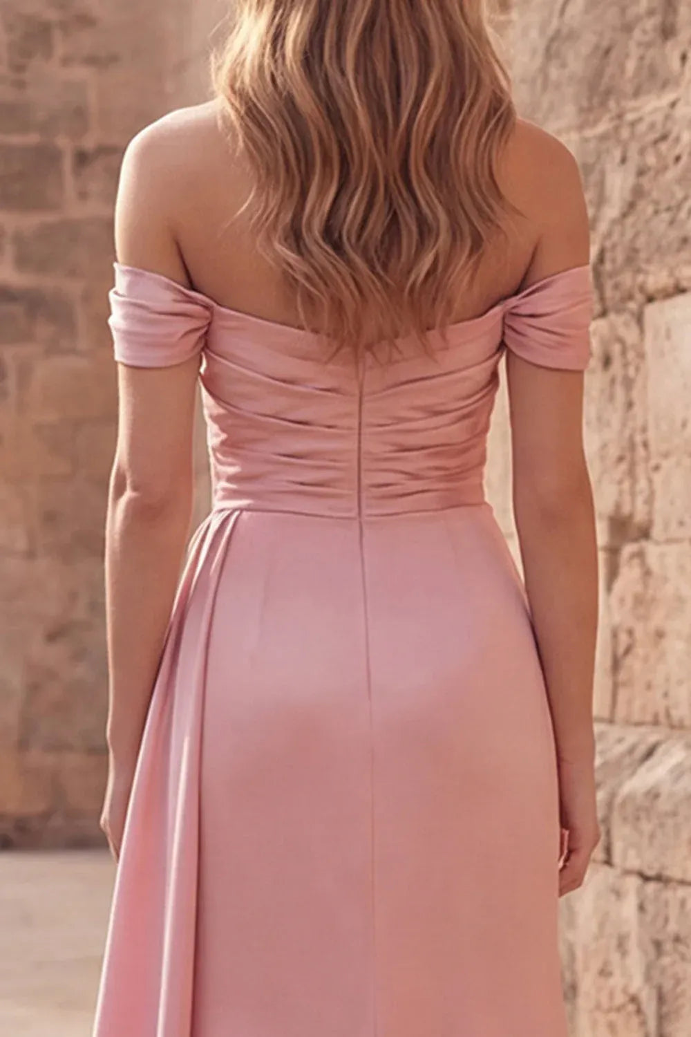 A-Line Off-Shoulder Ruched Satin Dusty Pink Long Prom Dress With Streamer