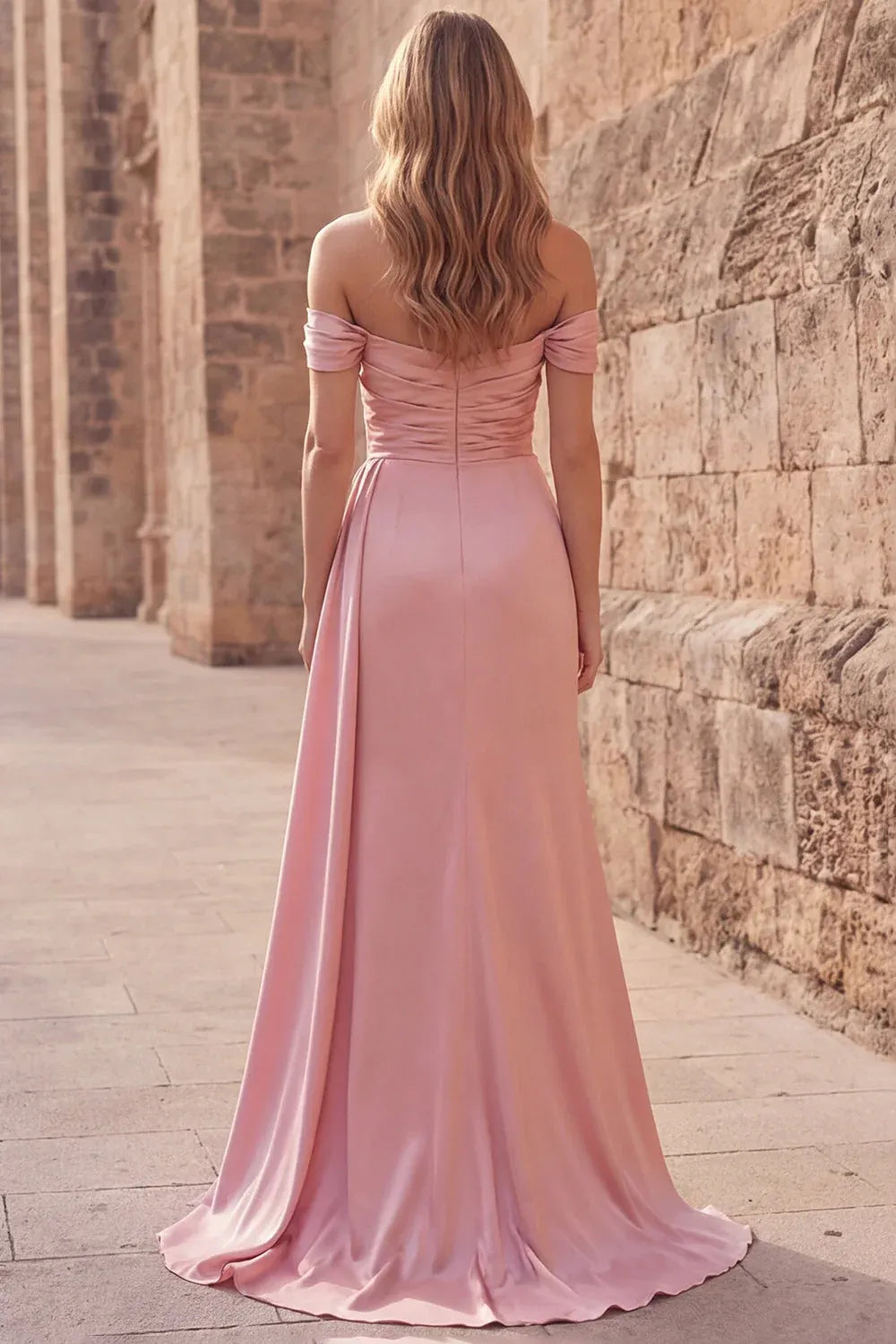A-Line Off-Shoulder Ruched Satin Dusty Pink Long Prom Dress With Streamer