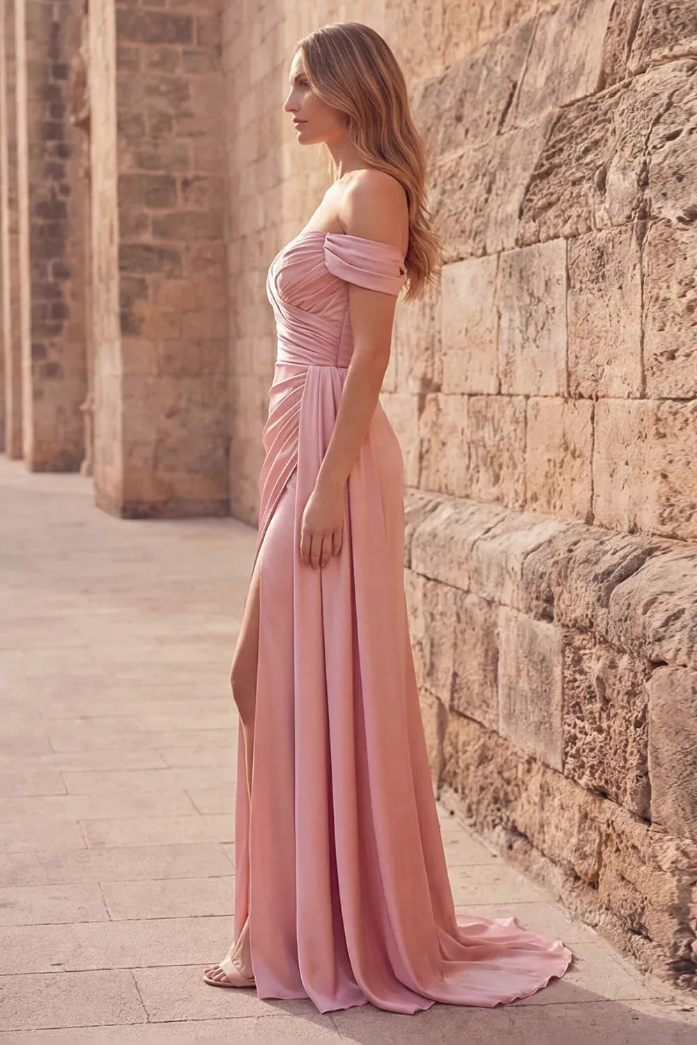 A-Line Off-Shoulder Ruched Satin Dusty Pink Long Prom Dress With Streamer