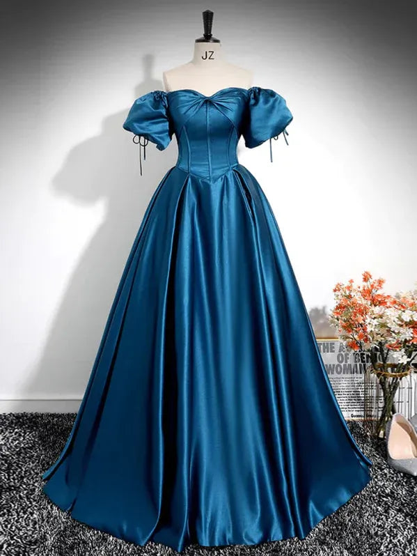 A-Line Off Shoulder Puff Sleeve Pleated Teal Floor Length Prom Dress For Sale
