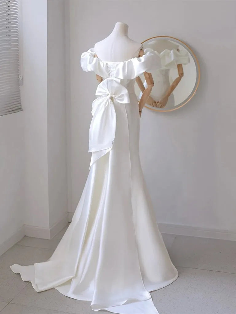 A-Line Off Shoulder Satin White Long Prom Dress White Long Party Dress ﻿