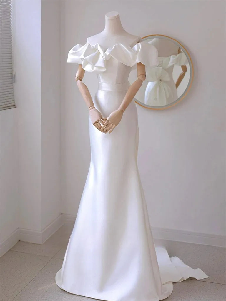 A-Line Off Shoulder Satin White Long Prom Dress White Long Party Dress ﻿