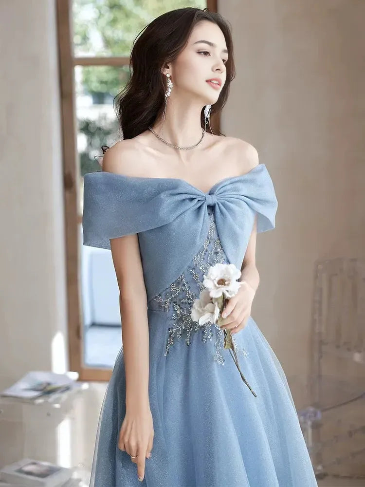 A-Line Off Shoulder Tulle Gray Blue Long Prom Dress Gray Blue Long Formal Dress