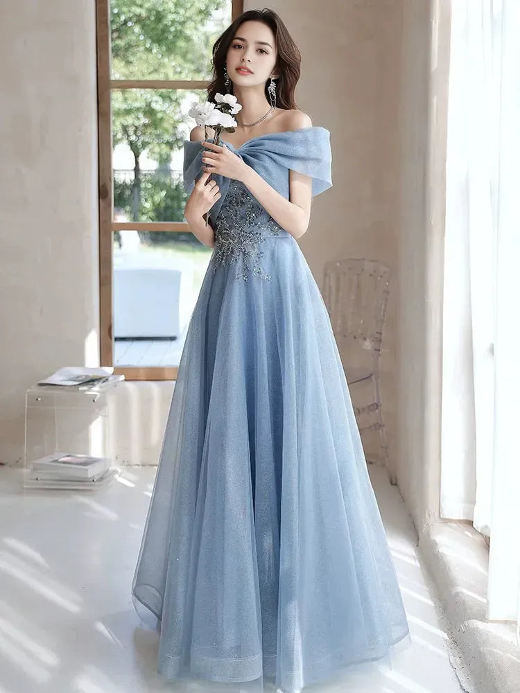 A-Line Off Shoulder Tulle Gray Blue Long Prom Dress Gray Blue Long Formal Dress