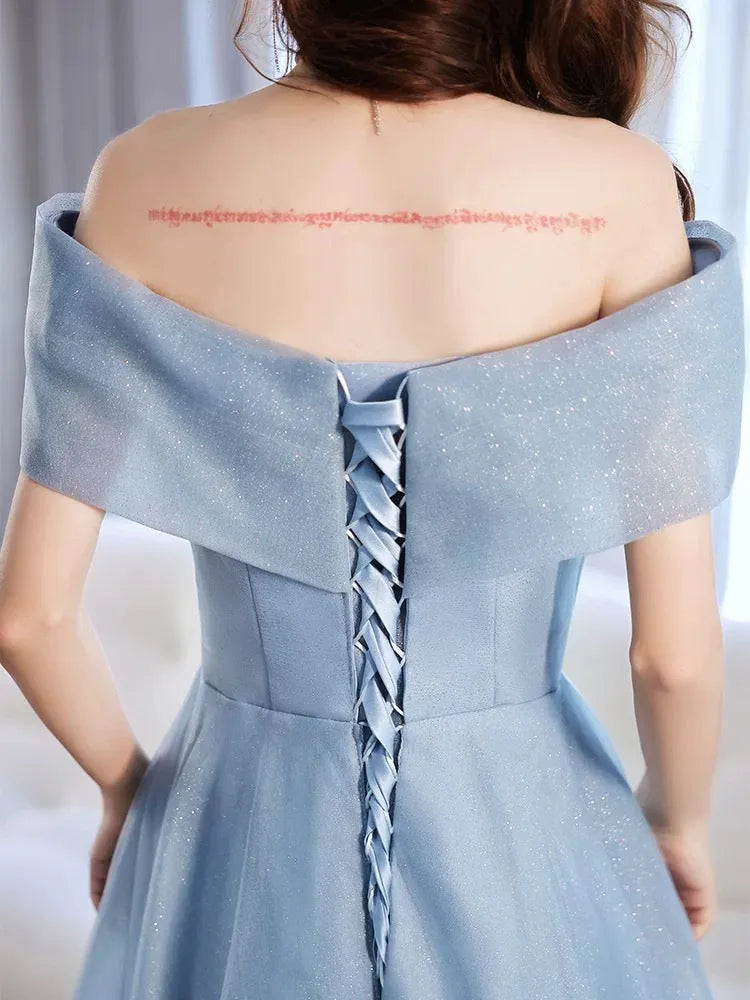 A-Line Off Shoulder Tulle Gray Blue Long Prom Dress Gray Blue Long Formal Dress