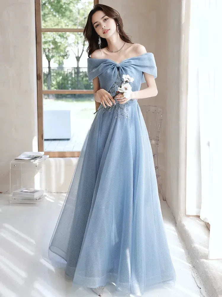 A-Line Off Shoulder Tulle Gray Blue Long Prom Dress Gray Blue Long Formal Dress