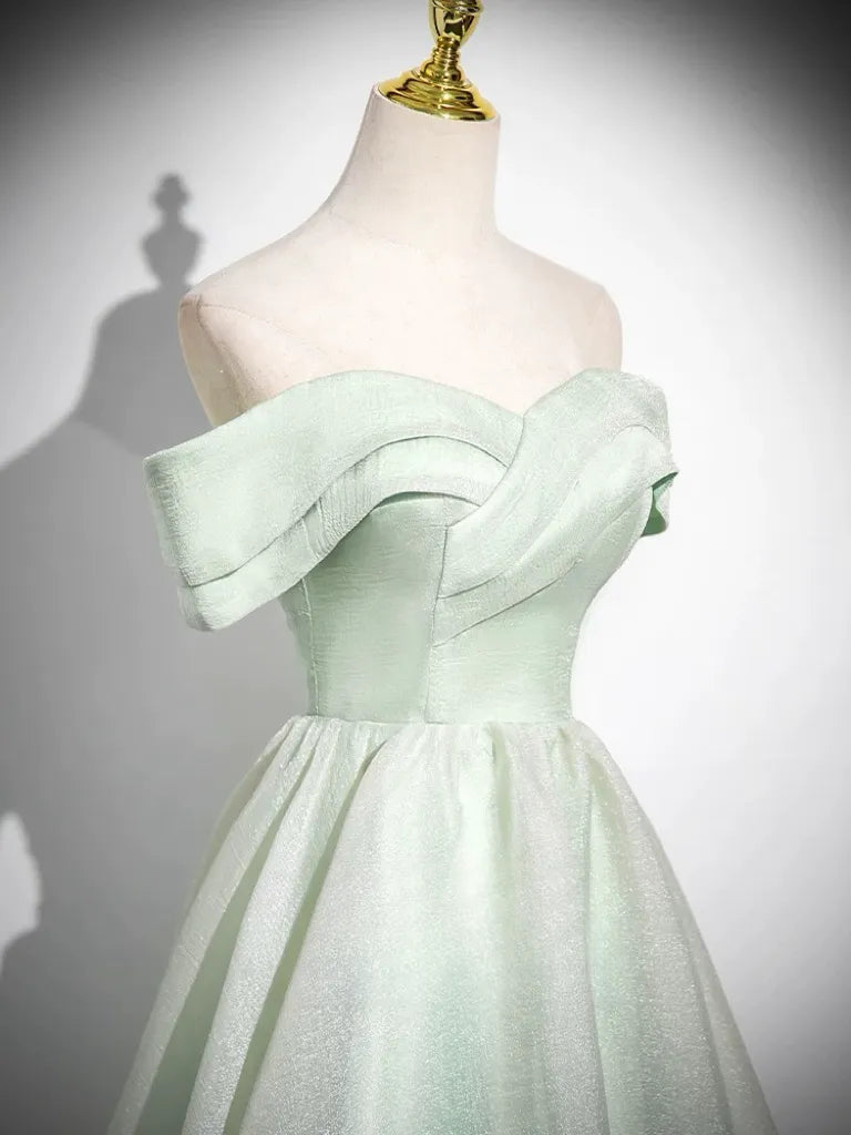 A-Line Off Shoulder Tulle Green Long Prom Dress