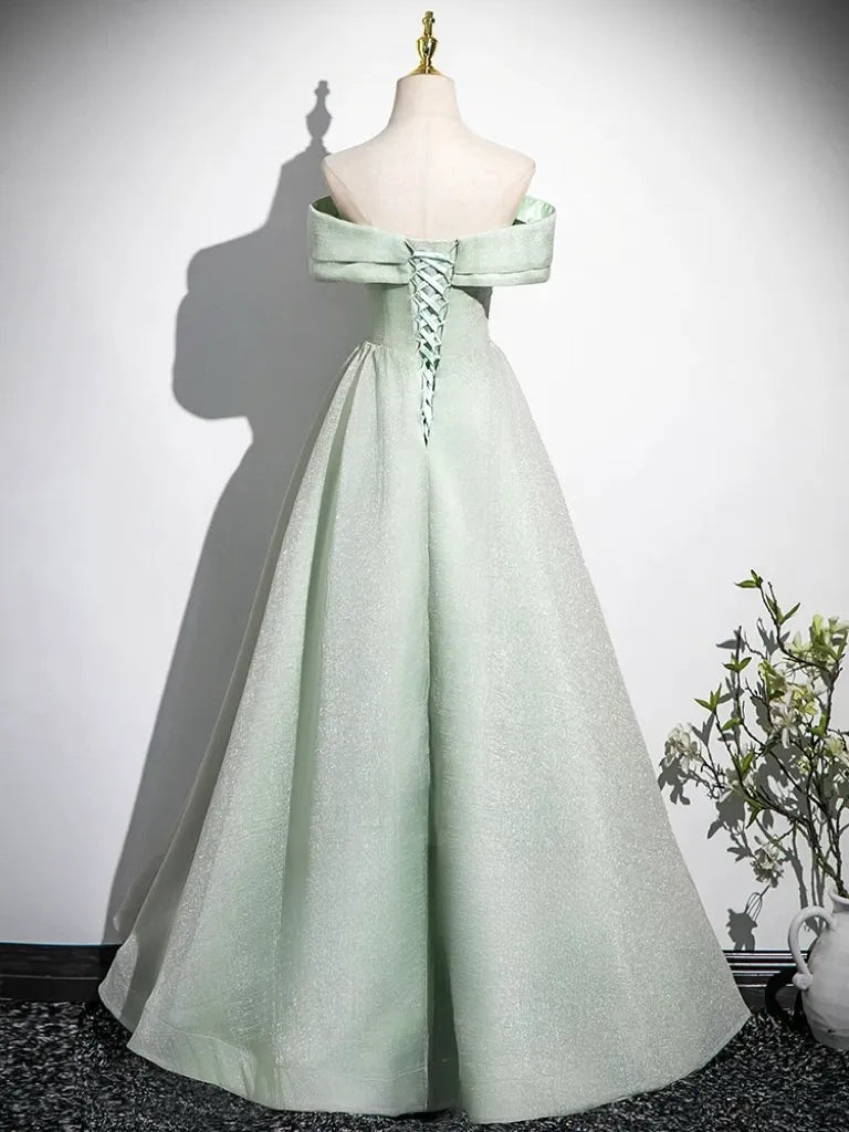 A-Line Off Shoulder Tulle Green Long Prom Dress