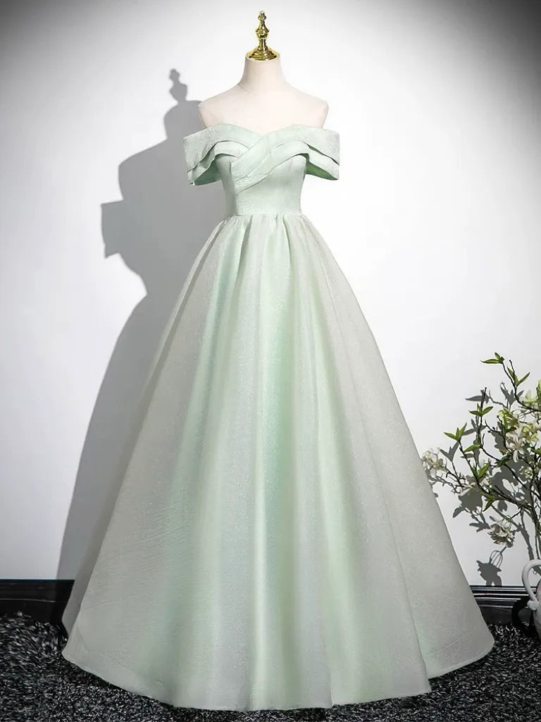 A-Line Off Shoulder Tulle Green Long Prom Dress