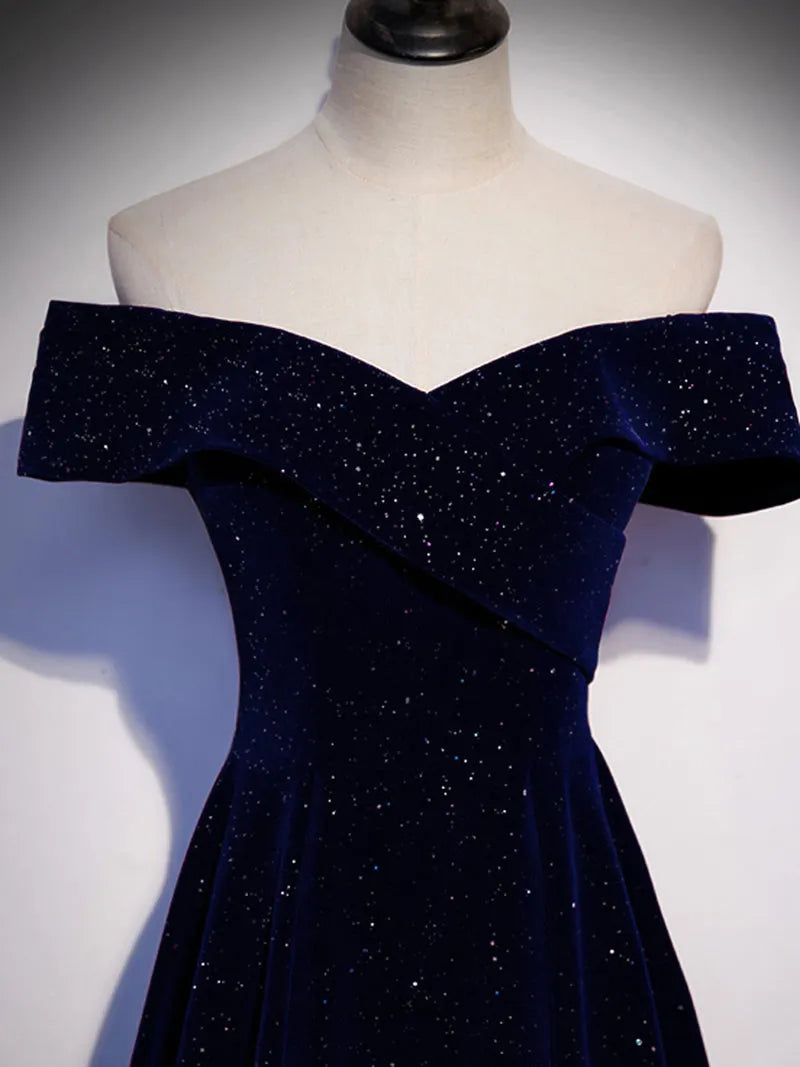 A-Line Off Shoulder Velvet Dark Blue Long Prom Dress