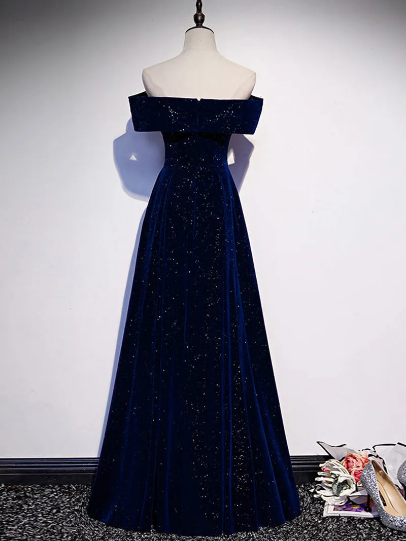 A-Line Off Shoulder Velvet Dark Blue Long Prom Dress