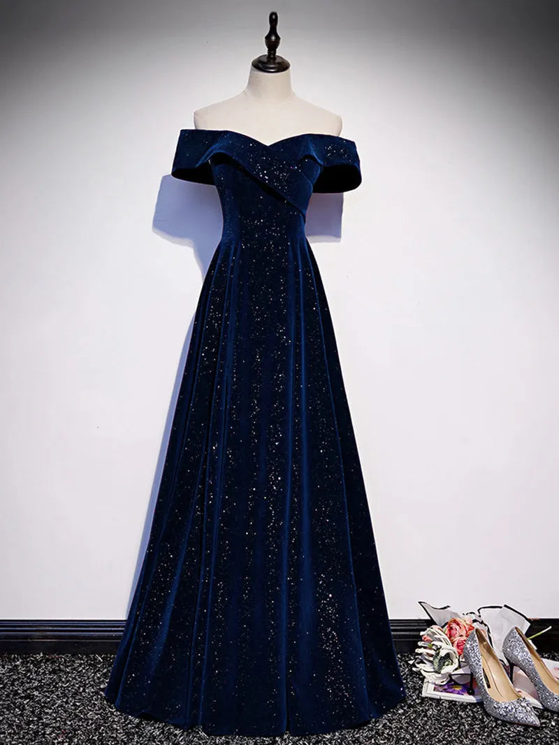 A-Line Off Shoulder Velvet Dark Blue Long Prom Dress