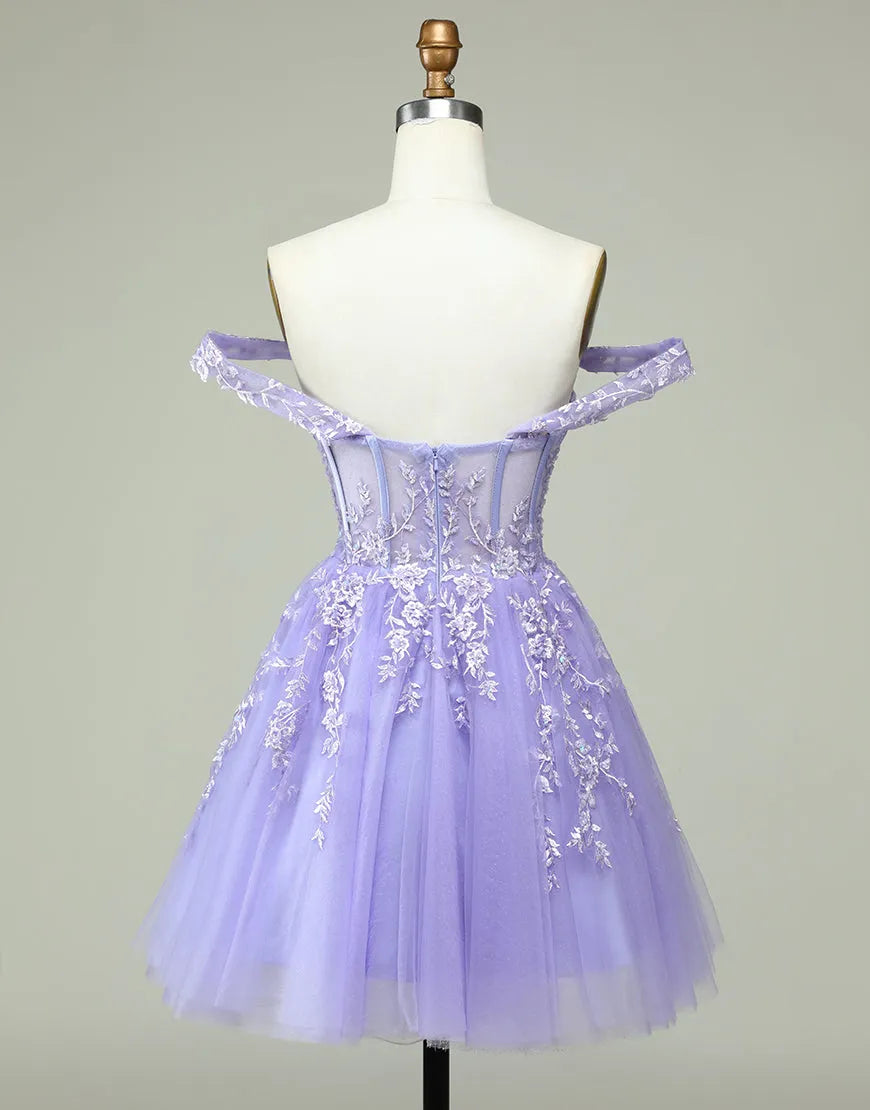 DingJiDress A-Line Off The Shoulder Short Tulle Dress With Appliques