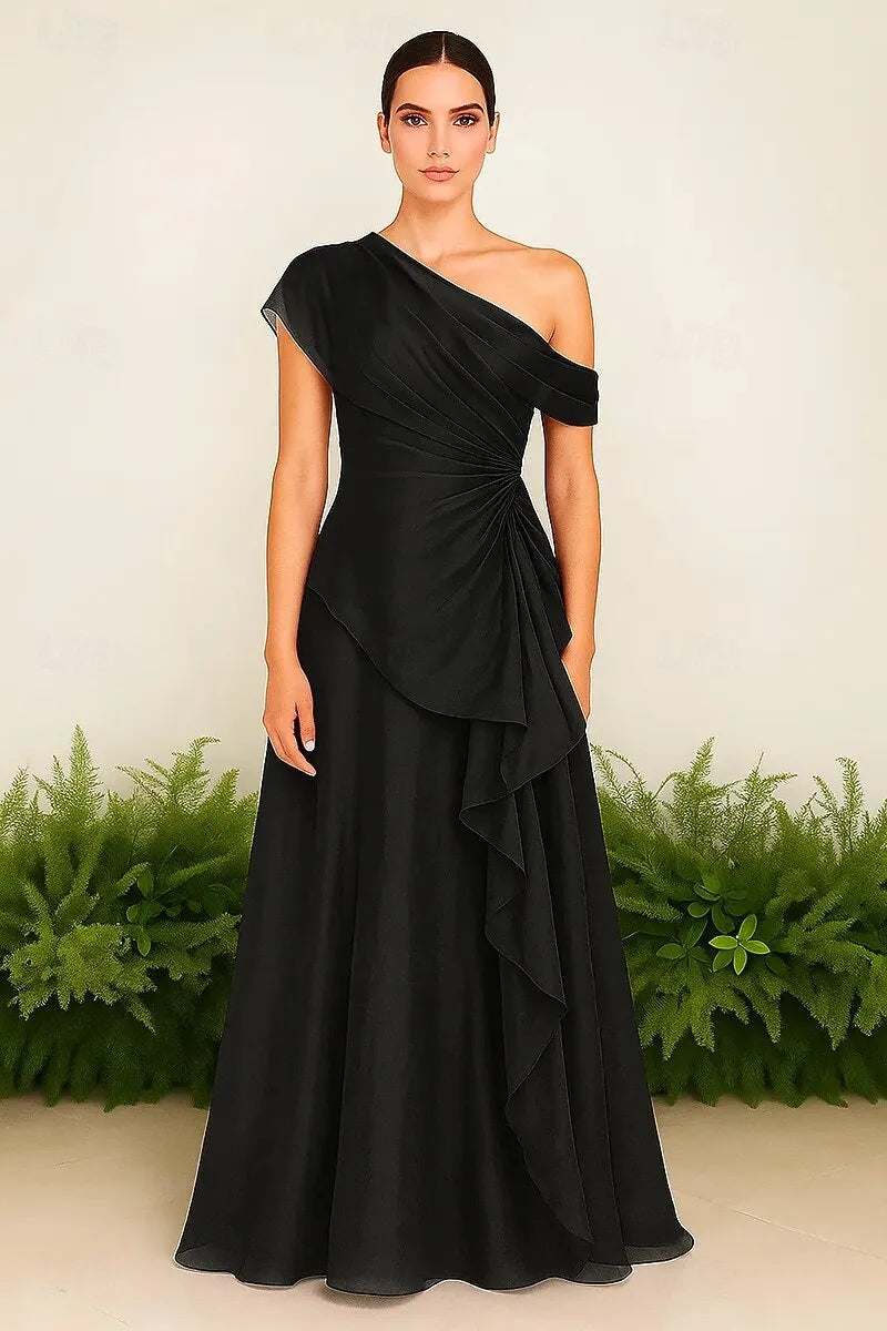 A-Line One-Shoulder Ruched Ruffle Organza Fuchsia Maxi Prom Dress