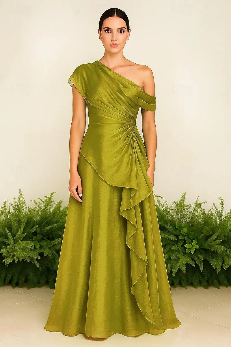 A-Line One-Shoulder Ruched Ruffle Organza Fuchsia Maxi Prom Dress