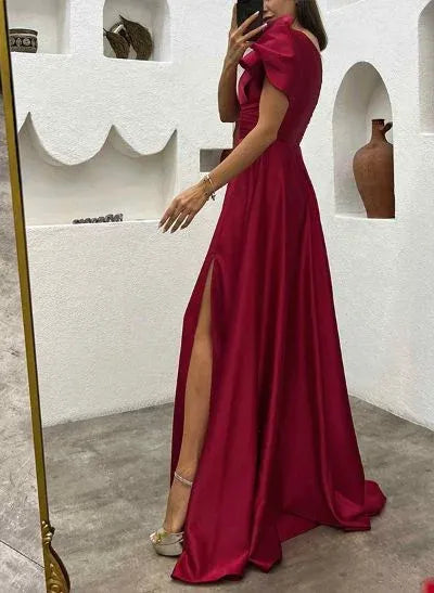 A-Line One-Shoulder Short Sleeve Ruffle Burgundy Prom Dress With Slit Hot Sale