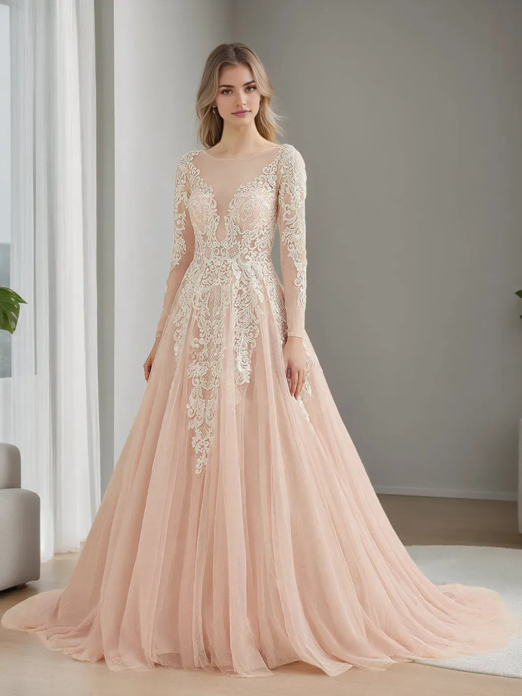 A-Line/Princess Scoop Long Sleeves Floor-length Lace Wedding Dress with Appliques
