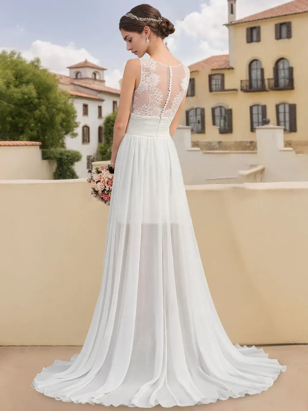 A-Line/Princess Scoop Neck Sleeveless Asymmetrical Wedding Dress with Lace Appliques