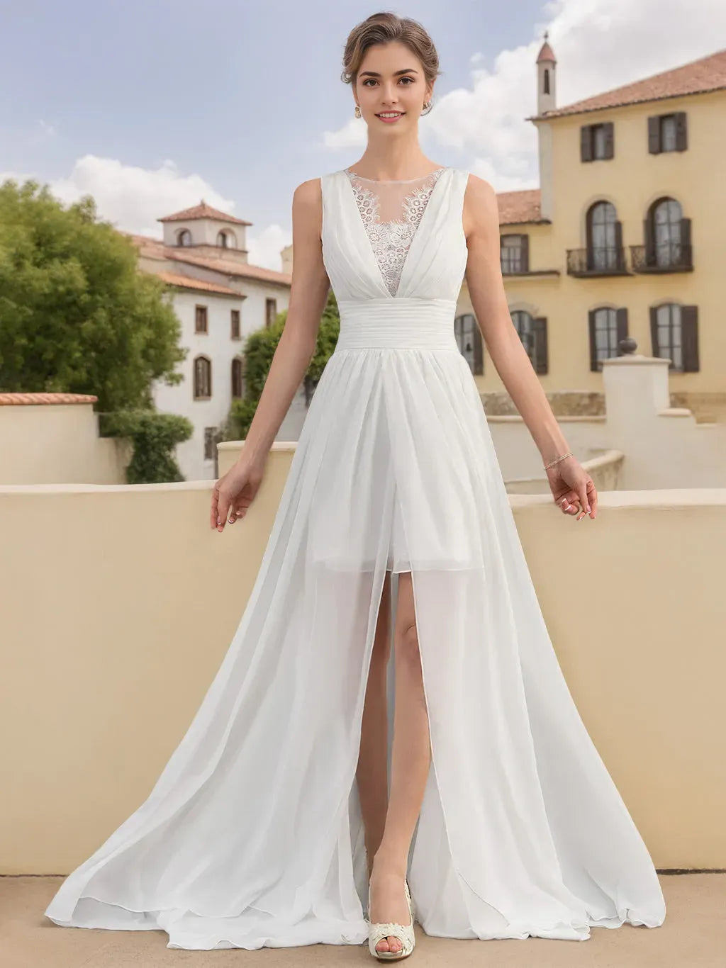 A-Line/Princess Scoop Neck Sleeveless Asymmetrical Wedding Dress with Lace Appliques