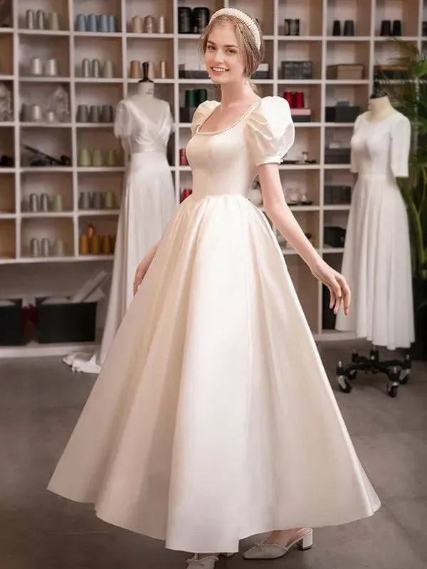 A-Line/Princess Scoop Puff Sleeves Ankle-Length Pleated Wedding Dresses with Lace-up & Pearls ﻿