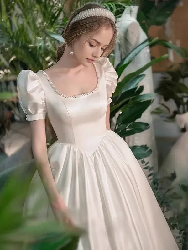 A-Line/Princess Scoop Puff Sleeves Ankle-Length Pleated Wedding Dresses with Lace-up & Pearls ﻿