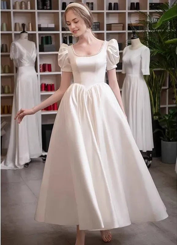 A-Line/Princess Scoop Puff Sleeves Ankle-Length Pleated Wedding Dresses with Lace-up & Pearls ﻿