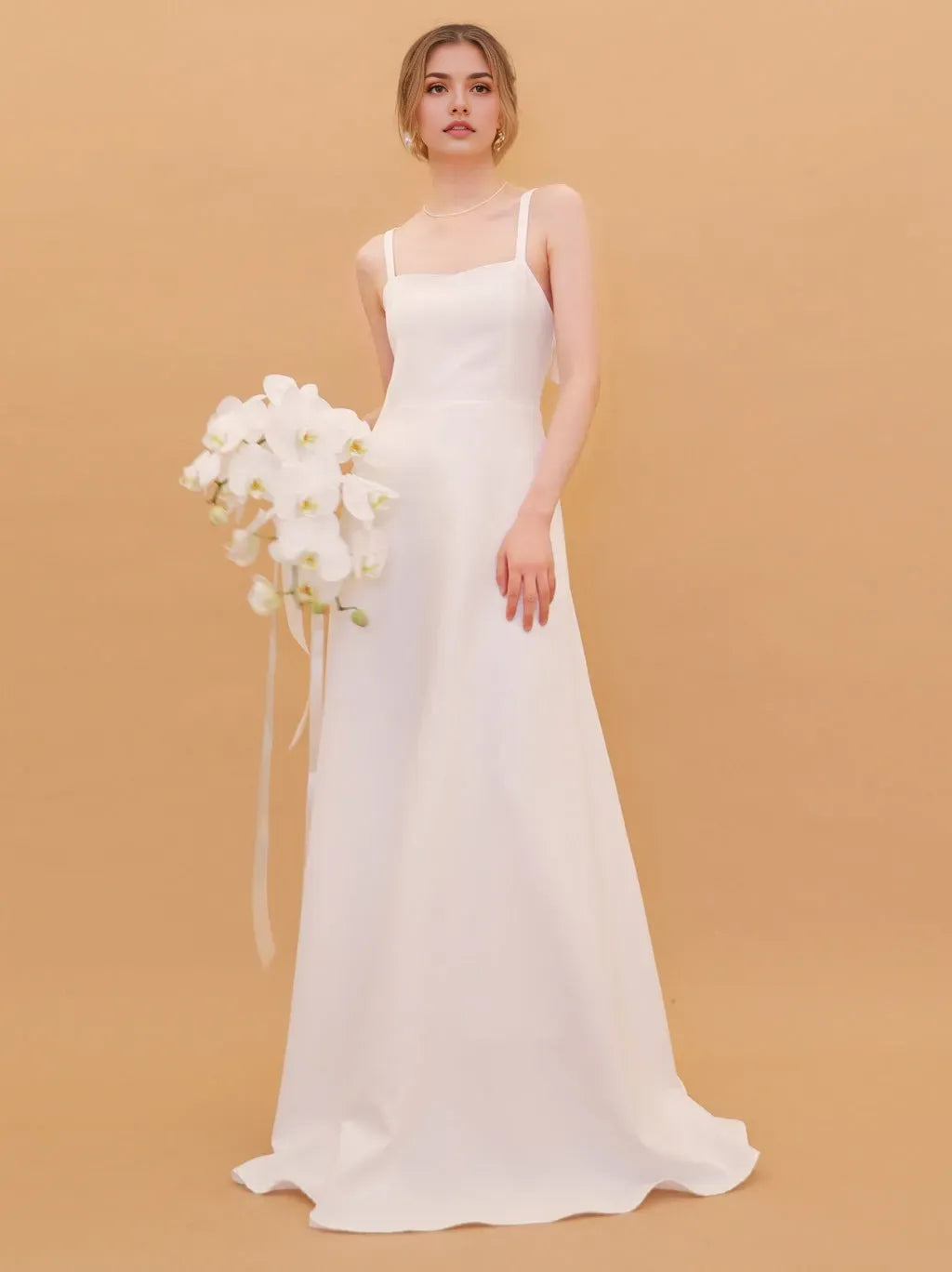 A-Line/Princess Spaghetti Straps Sleeveless Floor-Length Wedding Dresses with Bow ﻿