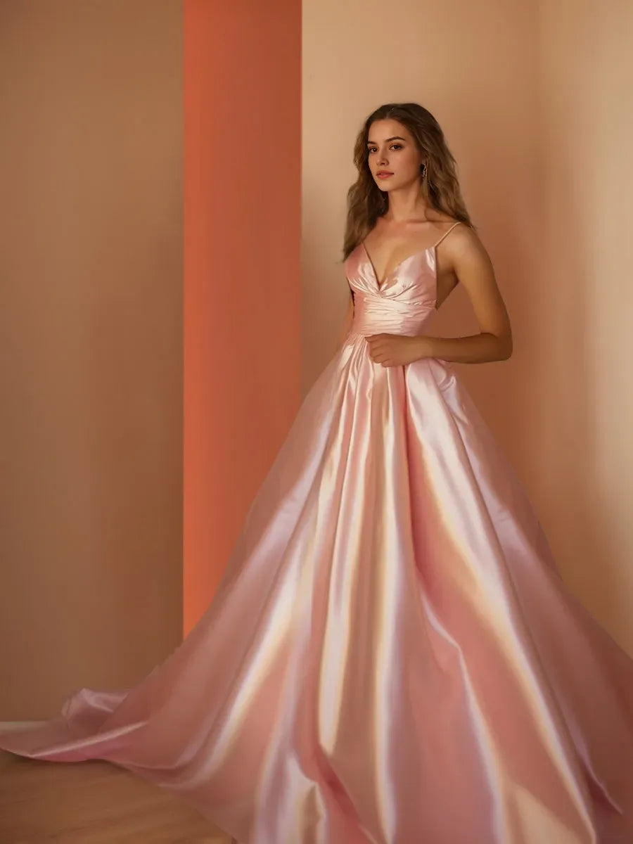 A-Line Princess Spaghetti Straps V-Neck Floor-Length Ruched Prom Dresses ﻿