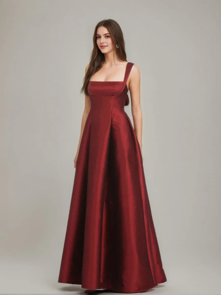 A-Line Princess Square Neckline Floor-length Prom Dresses with Bowknot