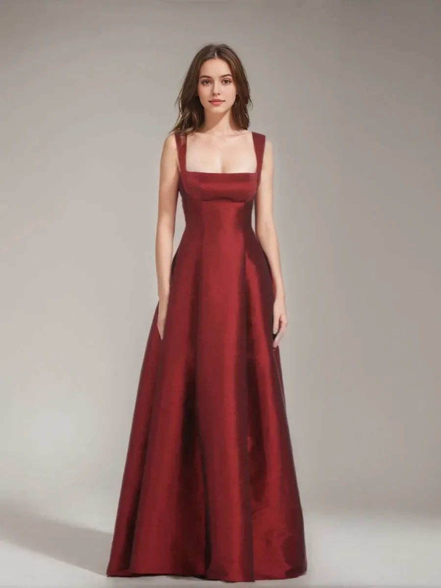 A-Line Princess Square Neckline Floor-length Prom Dresses with Bowknot