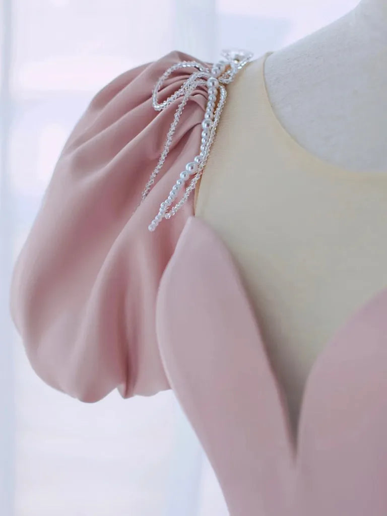 A-Line Puff Sleeves Satin Pink Long Prom Dress Pink Long Formal Dress