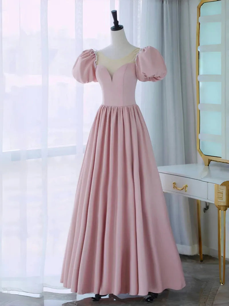 A-Line Puff Sleeves Satin Pink Long Prom Dress Pink Long Formal Dress