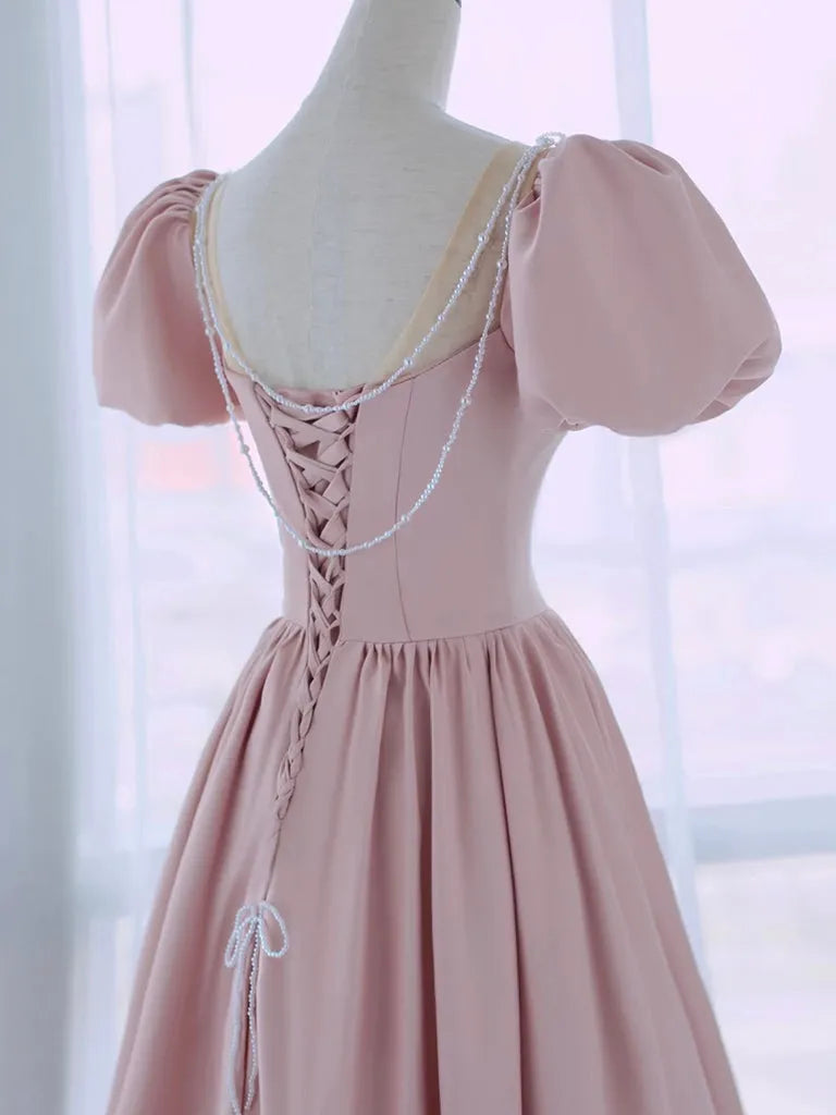 A-Line Puff Sleeves Satin Pink Long Prom Dress Pink Long Formal Dress