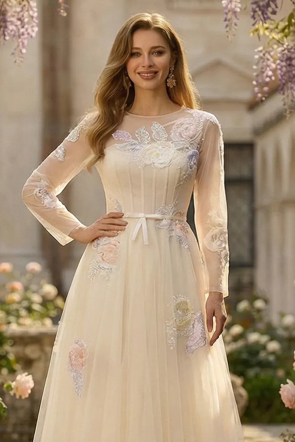 A-Line Round Neck Long Sleeve Corset Appliqued Tulle Champagne Maxi Prom Dress