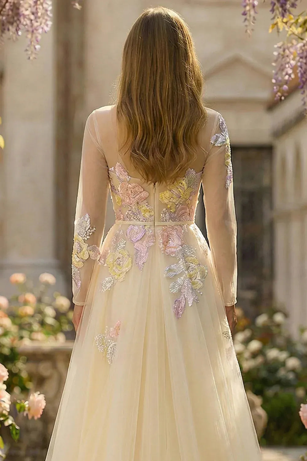 A-Line Round Neck Long Sleeve Corset Appliqued Tulle Champagne Maxi Prom Dress