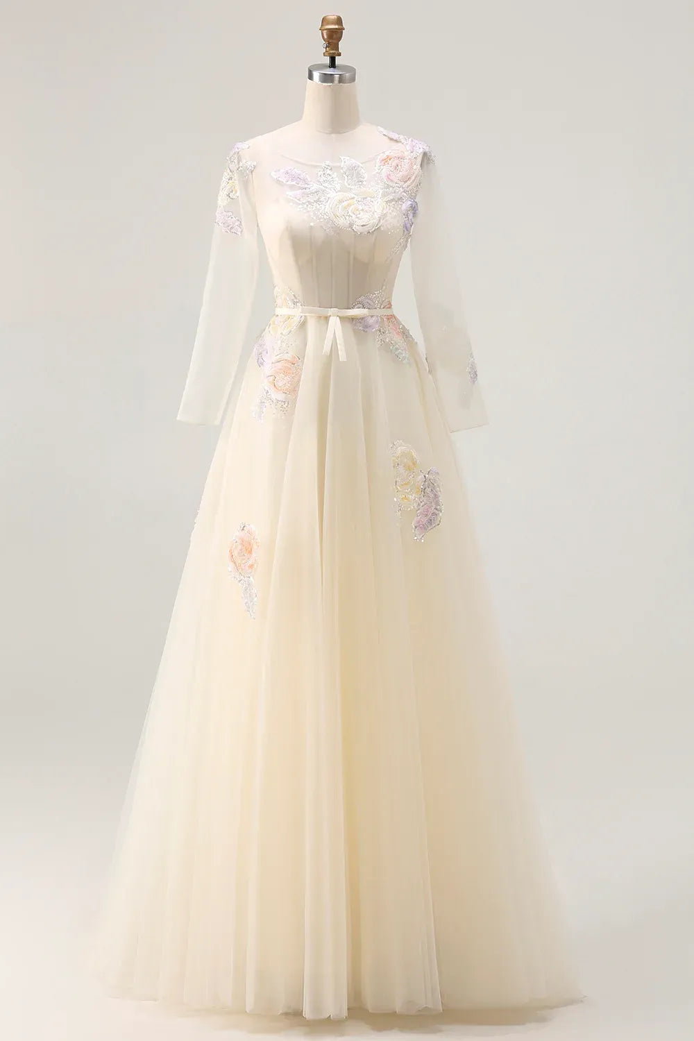 A-Line Round Neck Long Sleeve Corset Appliqued Tulle Champagne Maxi Prom Dress