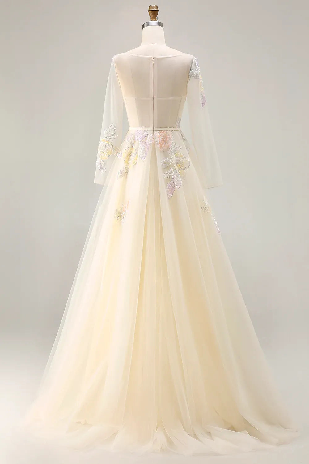 A-Line Round Neck Long Sleeve Corset Appliqued Tulle Champagne Maxi Prom Dress