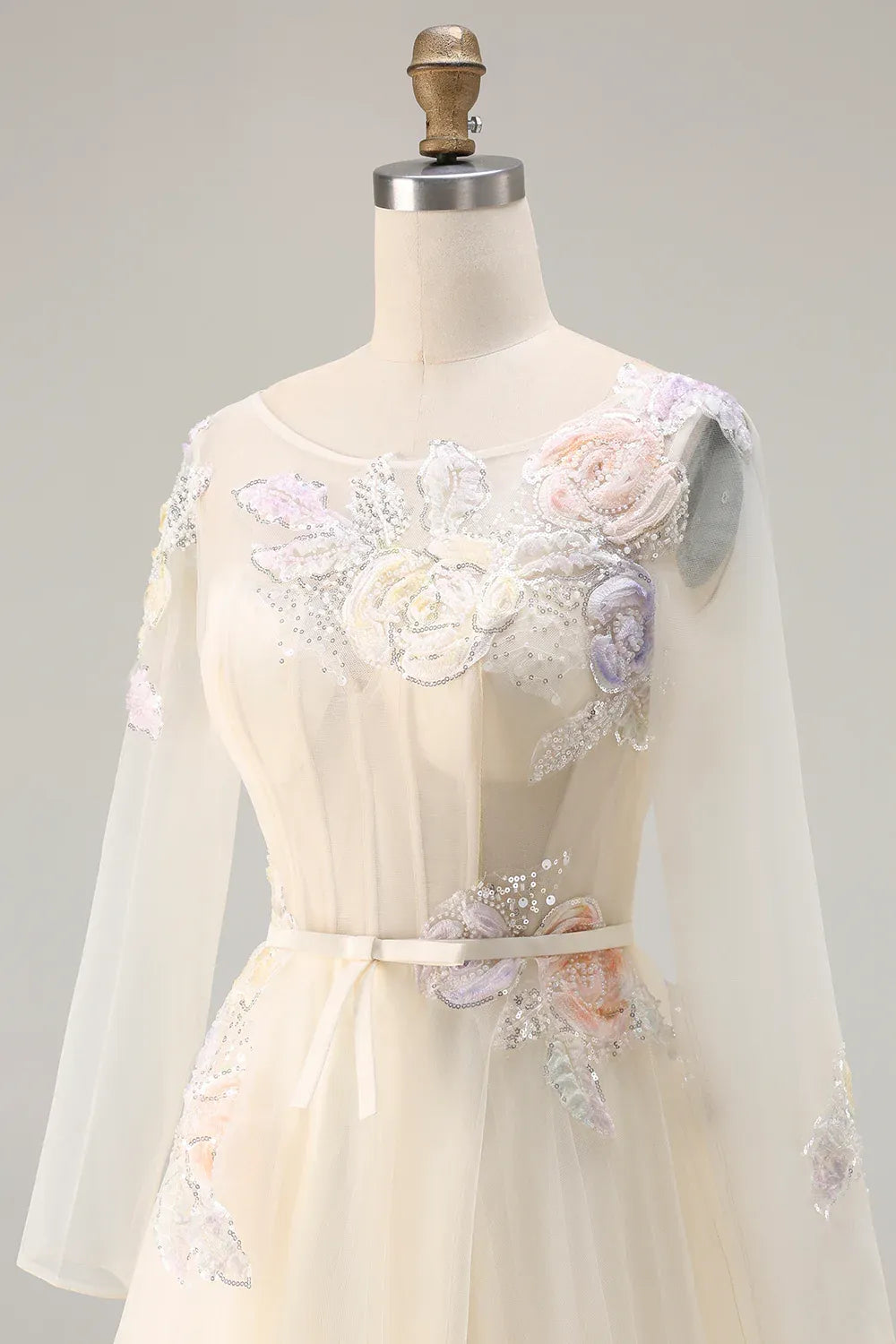 A-Line Round Neck Long Sleeve Corset Appliqued Tulle Champagne Maxi Prom Dress