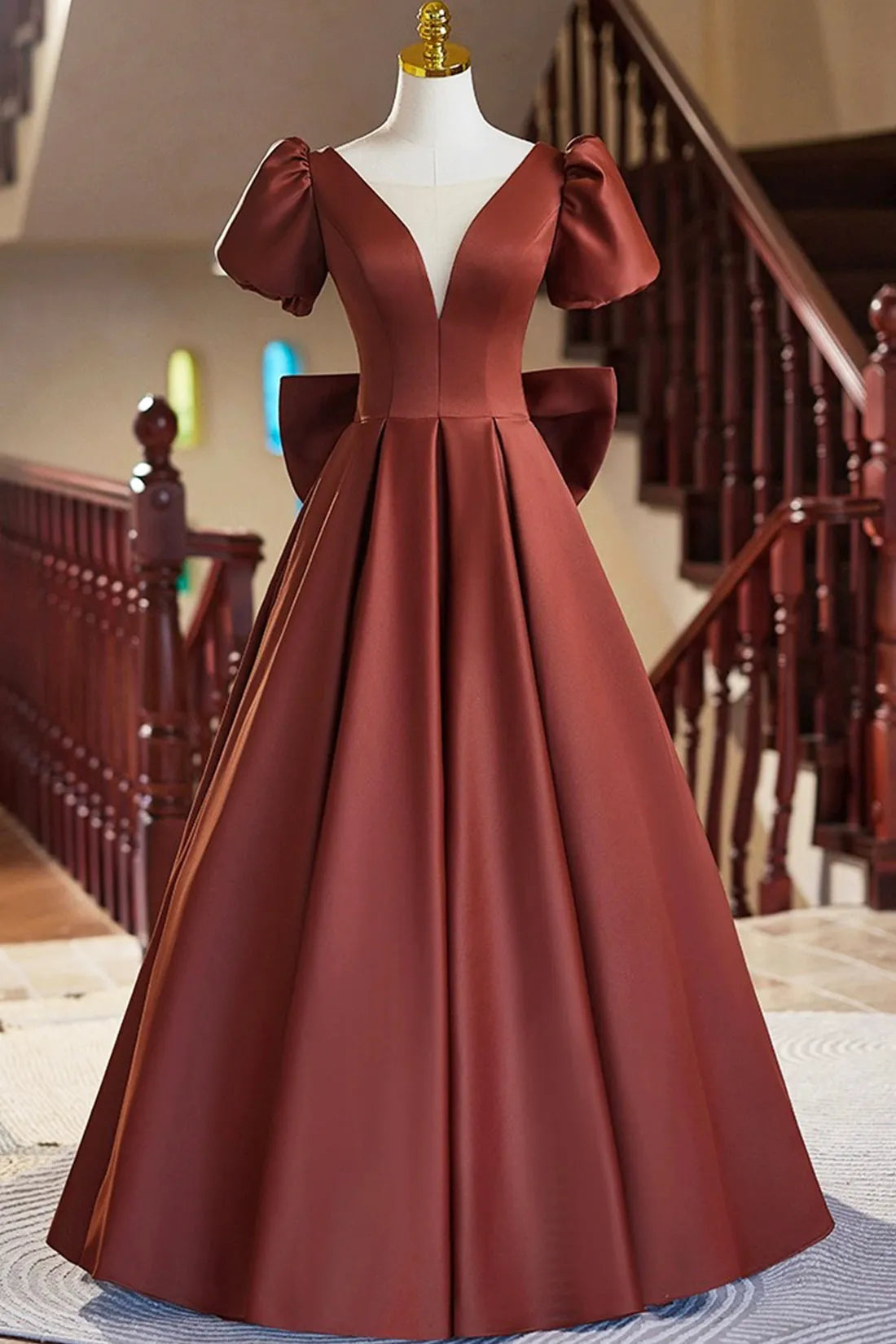 A-Line Satin Floor Length Prom Dress Elegant Short Sleeve Evening Party Dress