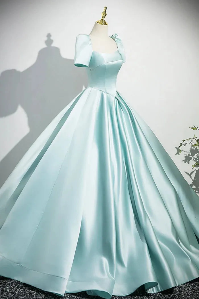 A-Line Satin Long Prom Dress Beautiful Blue Short Sleeve Evening Party Dress