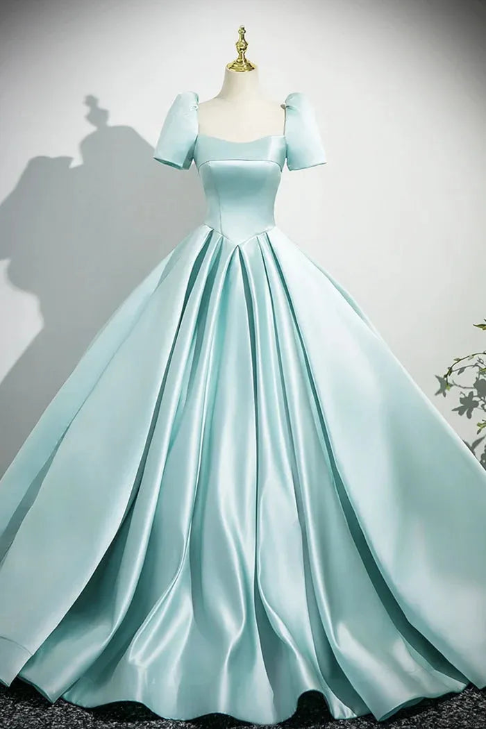 A-Line Satin Long Prom Dress Beautiful Blue Short Sleeve Evening Party Dress