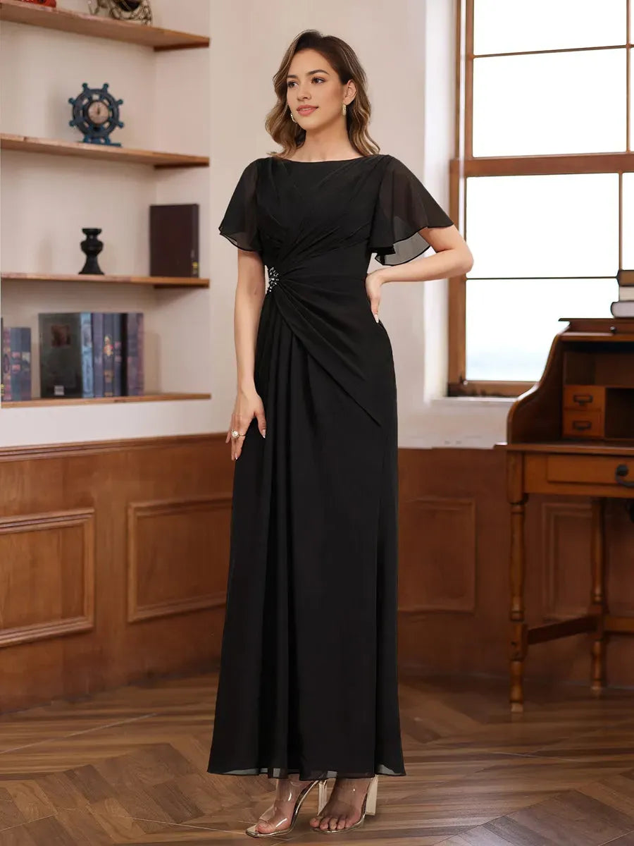 A-Line Scoop Neck Half Sleeves Ankle Length Pleated Mother of the Bride Groom Dresses with Beadings