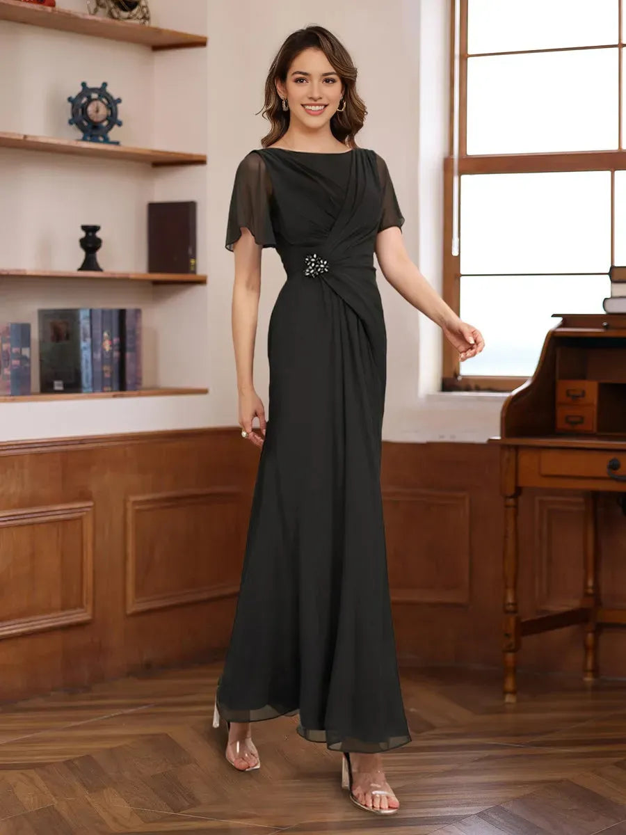 A-Line Scoop Neck Half Sleeves Ankle Length Pleated Mother of the Bride Groom Dresses with Beadings