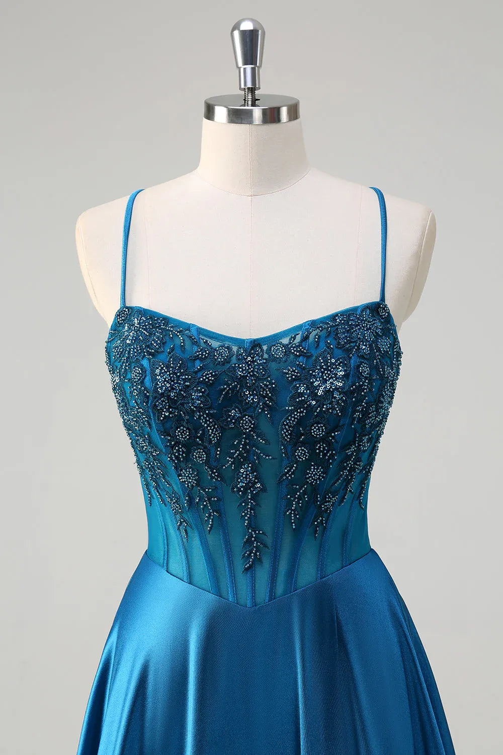 A-Line Spaghetti Strap Corset Beaded Teal Train Prom Dress Hot Sale