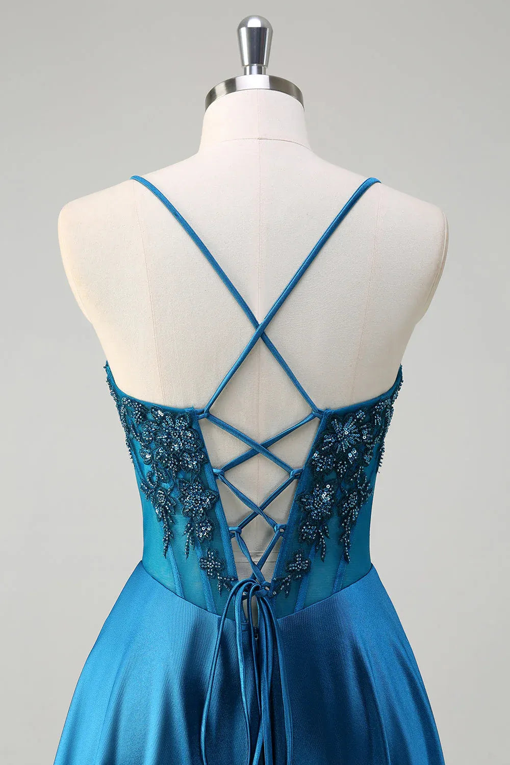 A-Line Spaghetti Strap Corset Beaded Teal Train Prom Dress Hot Sale