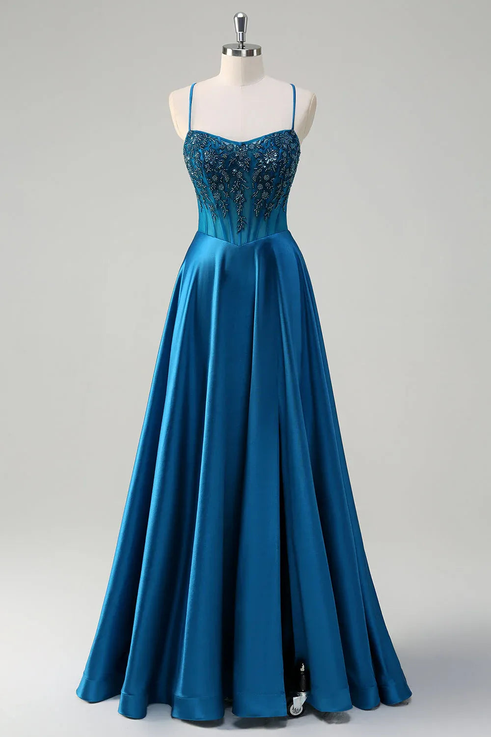 A-Line Spaghetti Strap Corset Beaded Teal Train Prom Dress Hot Sale