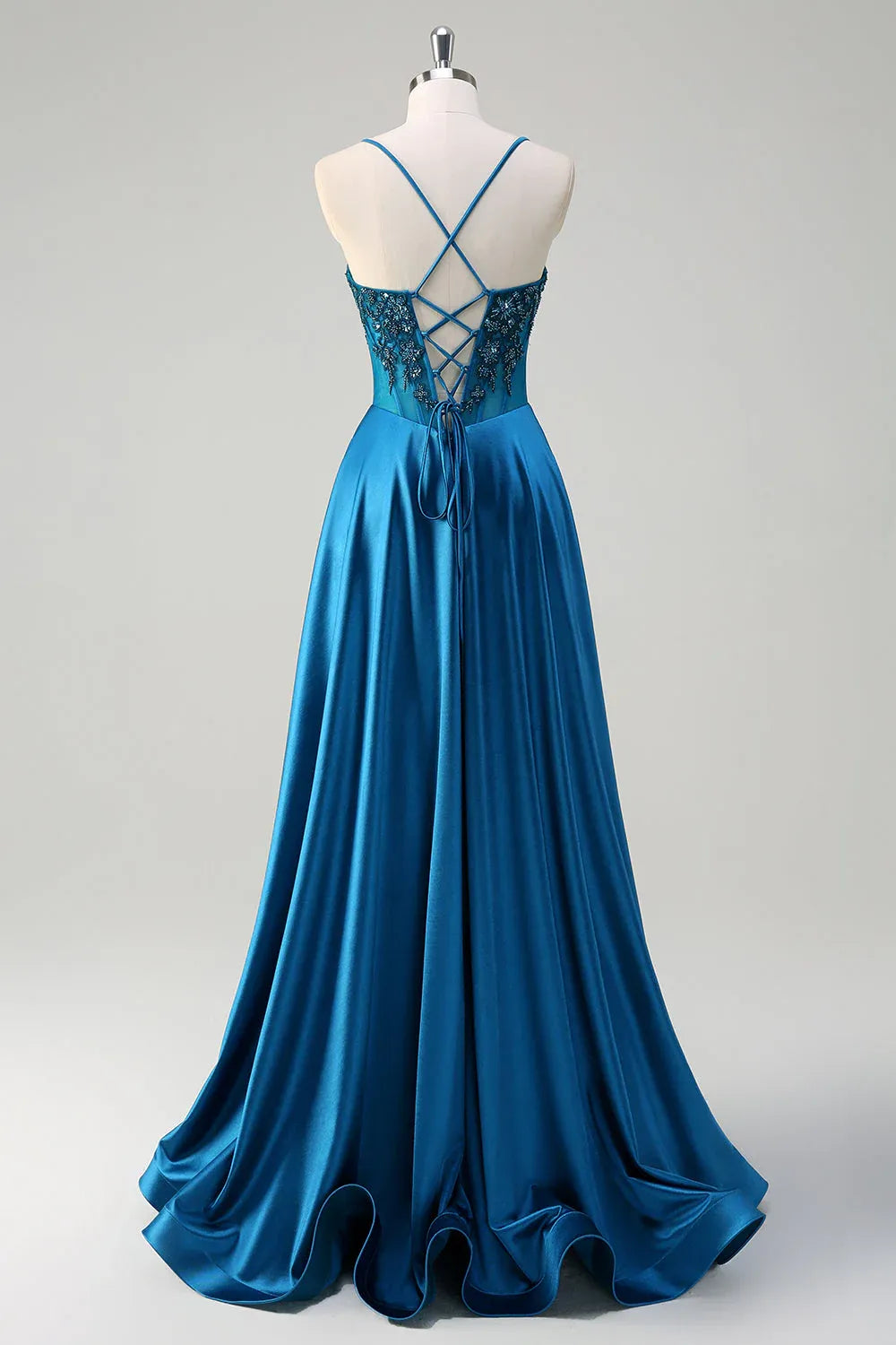 A-Line Spaghetti Strap Corset Beaded Teal Train Prom Dress Hot Sale