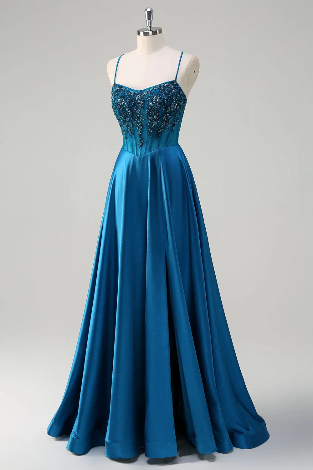A-Line Spaghetti Strap Corset Beaded Teal Train Prom Dress Hot Sale