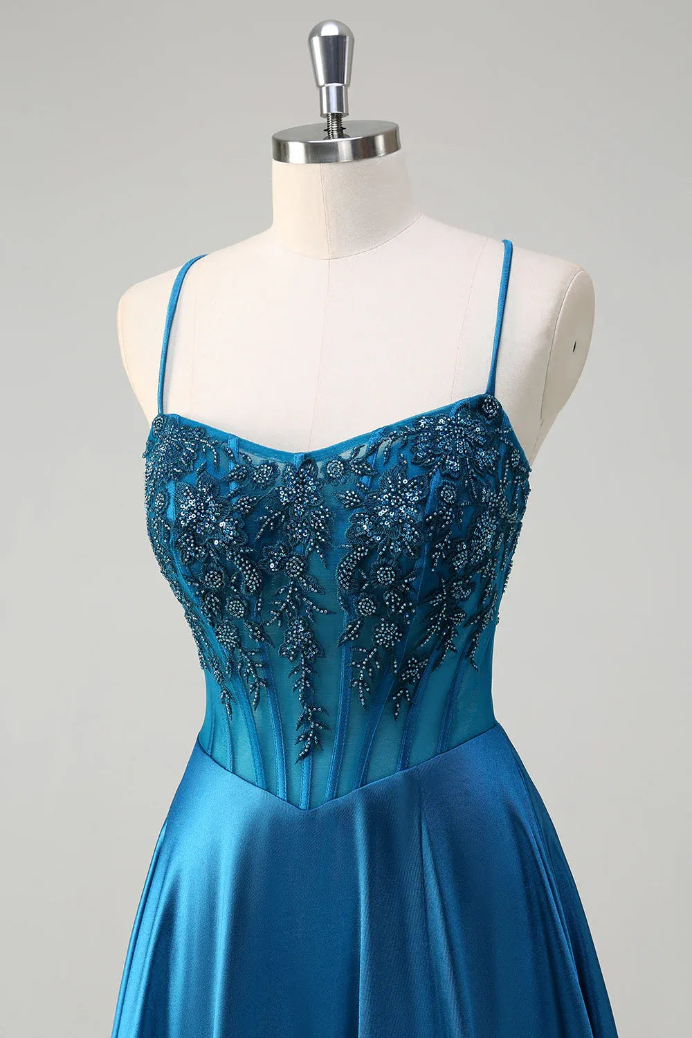 A-Line Spaghetti Strap Corset Beaded Teal Train Prom Dress Hot Sale