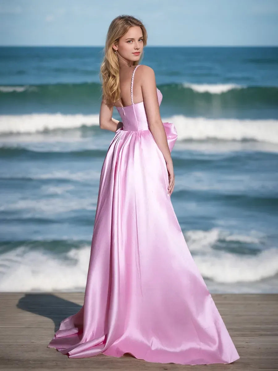 A-Line Spaghetti Straps Sleeveless Elegant Prom Dresses with Bow High Split Rhinestone